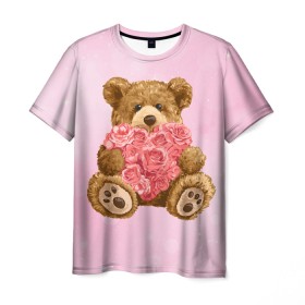 Мужская футболка 3D с принтом Плюшевый медведь с сердечком в Санкт-Петербурге, 100% полиэфир | прямой крой, круглый вырез горловины, длина до линии бедер | Тематика изображения на принте: арт | животные | картинка | медвежонок | мишка | плюшевый медведь | рисунок | розовые цветы | розочки | розы | сердечко | сердце | сердце из роз | цветы