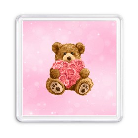 Магнит 55*55 с принтом Плюшевый медведь с сердечком в Санкт-Петербурге, Пластик | Размер: 65*65 мм; Размер печати: 55*55 мм | арт | животные | картинка | медвежонок | мишка | плюшевый медведь | рисунок | розовые цветы | розочки | розы | сердечко | сердце | сердце из роз | цветы