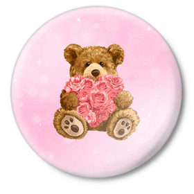 Значок с принтом Плюшевый медведь с сердечком в Санкт-Петербурге,  металл | круглая форма, металлическая застежка в виде булавки | Тематика изображения на принте: арт | животные | картинка | медвежонок | мишка | плюшевый медведь | рисунок | розовые цветы | розочки | розы | сердечко | сердце | сердце из роз | цветы