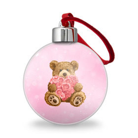 Ёлочный шар с принтом Плюшевый медведь с сердечком в Санкт-Петербурге, Пластик | Диаметр: 77 мм | Тематика изображения на принте: арт | животные | картинка | медвежонок | мишка | плюшевый медведь | рисунок | розовые цветы | розочки | розы | сердечко | сердце | сердце из роз | цветы