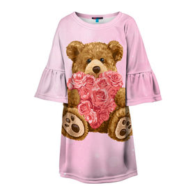 Детское платье 3D с принтом Плюшевый медведь с сердечком в Санкт-Петербурге, 100% полиэстер | прямой силуэт, чуть расширенный к низу. Круглая горловина, на рукавах — воланы | Тематика изображения на принте: арт | животные | картинка | медвежонок | мишка | плюшевый медведь | рисунок | розовые цветы | розочки | розы | сердечко | сердце | сердце из роз | цветы
