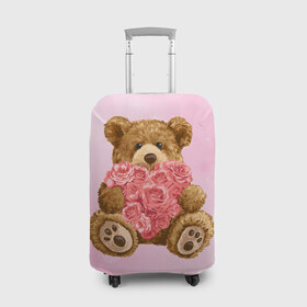 Чехол для чемодана 3D с принтом Плюшевый медведь с сердечком в Санкт-Петербурге, 86% полиэфир, 14% спандекс | двустороннее нанесение принта, прорези для ручек и колес | арт | животные | картинка | медвежонок | мишка | плюшевый медведь | рисунок | розовые цветы | розочки | розы | сердечко | сердце | сердце из роз | цветы