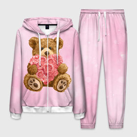 Мужской костюм 3D с принтом Плюшевый медведь с сердечком в Санкт-Петербурге, 100% полиэстер | Манжеты и пояс оформлены тканевой резинкой, двухслойный капюшон со шнурком для регулировки, карманы спереди | арт | животные | картинка | медвежонок | мишка | плюшевый медведь | рисунок | розовые цветы | розочки | розы | сердечко | сердце | сердце из роз | цветы