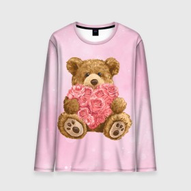 Мужской лонгслив 3D с принтом Плюшевый медведь с сердечком в Санкт-Петербурге, 100% полиэстер | длинные рукава, круглый вырез горловины, полуприлегающий силуэт | арт | животные | картинка | медвежонок | мишка | плюшевый медведь | рисунок | розовые цветы | розочки | розы | сердечко | сердце | сердце из роз | цветы