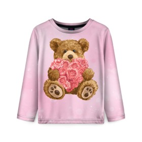 Детский лонгслив 3D с принтом Плюшевый медведь с сердечком в Санкт-Петербурге, 100% полиэстер | длинные рукава, круглый вырез горловины, полуприлегающий силуэт
 | арт | животные | картинка | медвежонок | мишка | плюшевый медведь | рисунок | розовые цветы | розочки | розы | сердечко | сердце | сердце из роз | цветы