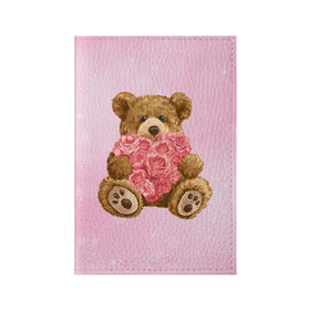 Обложка для паспорта матовая кожа с принтом Плюшевый медведь с сердечком в Санкт-Петербурге, натуральная матовая кожа | размер 19,3 х 13,7 см; прозрачные пластиковые крепления | арт | животные | картинка | медвежонок | мишка | плюшевый медведь | рисунок | розовые цветы | розочки | розы | сердечко | сердце | сердце из роз | цветы