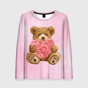 Женский лонгслив 3D с принтом Плюшевый медведь с сердечком в Санкт-Петербурге, 100% полиэстер | длинные рукава, круглый вырез горловины, полуприлегающий силуэт | арт | животные | картинка | медвежонок | мишка | плюшевый медведь | рисунок | розовые цветы | розочки | розы | сердечко | сердце | сердце из роз | цветы