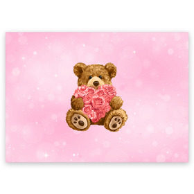 Поздравительная открытка с принтом Плюшевый медведь с сердечком в Санкт-Петербурге, 100% бумага | плотность бумаги 280 г/м2, матовая, на обратной стороне линовка и место для марки
 | Тематика изображения на принте: арт | животные | картинка | медвежонок | мишка | плюшевый медведь | рисунок | розовые цветы | розочки | розы | сердечко | сердце | сердце из роз | цветы