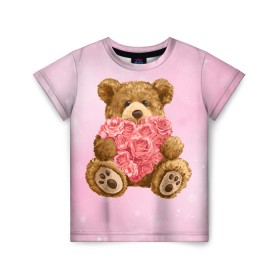 Детская футболка 3D с принтом Плюшевый медведь с сердечком в Санкт-Петербурге, 100% гипоаллергенный полиэфир | прямой крой, круглый вырез горловины, длина до линии бедер, чуть спущенное плечо, ткань немного тянется | Тематика изображения на принте: арт | животные | картинка | медвежонок | мишка | плюшевый медведь | рисунок | розовые цветы | розочки | розы | сердечко | сердце | сердце из роз | цветы