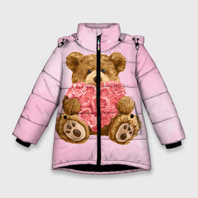 Зимняя куртка для девочек 3D с принтом Плюшевый медведь с сердечком в Санкт-Петербурге, ткань верха — 100% полиэстер; подклад — 100% полиэстер, утеплитель — 100% полиэстер. | длина ниже бедра, удлиненная спинка, воротник стойка и отстегивающийся капюшон. Есть боковые карманы с листочкой на кнопках, утяжки по низу изделия и внутренний карман на молнии. 

Предусмотрены светоотражающий принт на спинке, радужный светоотражающий элемент на пуллере молнии и на резинке для утяжки. | Тематика изображения на принте: арт | животные | картинка | медвежонок | мишка | плюшевый медведь | рисунок | розовые цветы | розочки | розы | сердечко | сердце | сердце из роз | цветы