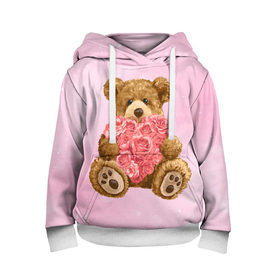 Детская толстовка 3D с принтом Плюшевый медведь с сердечком в Санкт-Петербурге, 100% полиэстер | двухслойный капюшон со шнурком для регулировки, мягкие манжеты на рукавах и по низу толстовки, спереди карман-кенгуру с мягким внутренним слоем | Тематика изображения на принте: арт | животные | картинка | медвежонок | мишка | плюшевый медведь | рисунок | розовые цветы | розочки | розы | сердечко | сердце | сердце из роз | цветы