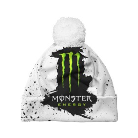 Шапка 3D c помпоном с принтом MONSTER ENERGY в Санкт-Петербурге, 100% полиэстер | универсальный размер, печать по всей поверхности изделия | 