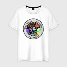 Мужская футболка хлопок с принтом Волонтёр по психоделике в Санкт-Петербурге, 100% хлопок | прямой крой, круглый вырез горловины, длина до линии бедер, слегка спущенное плечо. | psychedelic | psychedelic research volunteer | волонтер по психоделическим исследованиям | грибы | кислота | психоделика