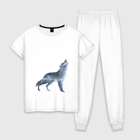 Женская пижама хлопок с принтом Зимний волк в Санкт-Петербурге, 100% хлопок | брюки и футболка прямого кроя, без карманов, на брюках мягкая резинка на поясе и по низу штанин | арт | белый | вой | волк | животные | зима | картинка | краски | ночь | рисунок | синий | снег | темный | черный