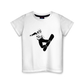 Детская футболка хлопок с принтом Snowboarding в Санкт-Петербурге, 100% хлопок | круглый вырез горловины, полуприлегающий силуэт, длина до линии бедер | extreme | snowboard | snowboarding | доска | полет | снег | сноуборд | сноубордист | сэндбординг | чб | экстрим