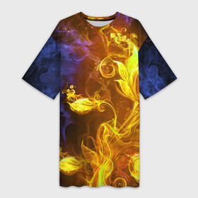 Платье-футболка 3D с принтом Огненный цветок в Санкт-Петербурге,  |  | fire | flame | luxe | абстракция | дым | золото | золотой | красивая | огонь | пламя | пламя космос | психоделика | разводы красок | синий | фракталы | цветок