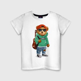 Детская футболка хлопок с принтом Медведь с гитарой в Санкт-Петербурге, 100% хлопок | круглый вырез горловины, полуприлегающий силуэт, длина до линии бедер | summer | арт | бард | гитара | животные | картинка | кеды | лето | медведь | медвежонок | музыкант | песни | рванные джинсы | рисунок