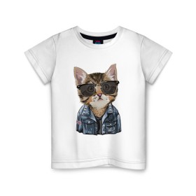 Детская футболка хлопок с принтом Кот в очках в Санкт-Петербурге, 100% хлопок | круглый вырез горловины, полуприлегающий силуэт, длина до линии бедер | Тематика изображения на принте: cat | в очках | кот | кот рокер | котик | котяра | кошка | крутой кот | милый | милый кот | рокер