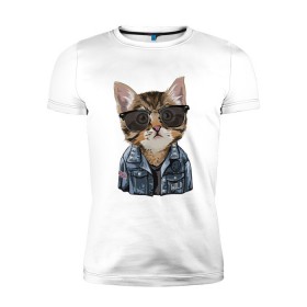 Мужская футболка премиум с принтом Кот в очках в Санкт-Петербурге, 92% хлопок, 8% лайкра | приталенный силуэт, круглый вырез ворота, длина до линии бедра, короткий рукав | cat | в очках | кот | кот рокер | котик | котяра | кошка | крутой кот | милый | милый кот | рокер
