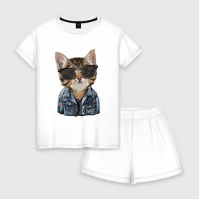 Женская пижама с шортиками хлопок с принтом Кот в очках в Санкт-Петербурге, 100% хлопок | футболка прямого кроя, шорты свободные с широкой мягкой резинкой | cat | в очках | кот | кот рокер | котик | котяра | кошка | крутой кот | милый | милый кот | рокер