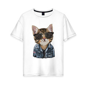 Женская футболка хлопок Oversize с принтом Кот в очках в Санкт-Петербурге, 100% хлопок | свободный крой, круглый ворот, спущенный рукав, длина до линии бедер
 | cat | в очках | кот | кот рокер | котик | котяра | кошка | крутой кот | милый | милый кот | рокер