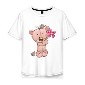Мужская футболка хлопок Oversize с принтом Милый мишка с цветочком в Санкт-Петербурге, 100% хлопок | свободный крой, круглый ворот, “спинка” длиннее передней части | Тематика изображения на принте: арт | воробушек | воробьи | животные | картинка | медведь | медвежонок | мишка | плюшевый мишка | подарок | птичка | рисунок | цветок | цветочки