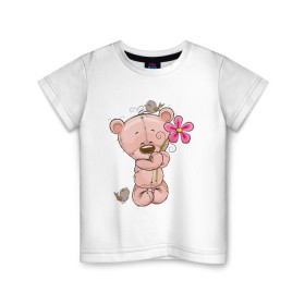 Детская футболка хлопок с принтом Милый мишка с цветочком в Санкт-Петербурге, 100% хлопок | круглый вырез горловины, полуприлегающий силуэт, длина до линии бедер | арт | воробушек | воробьи | животные | картинка | медведь | медвежонок | мишка | плюшевый мишка | подарок | птичка | рисунок | цветок | цветочки