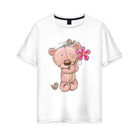 Женская футболка хлопок Oversize с принтом Милый мишка с цветочком в Санкт-Петербурге, 100% хлопок | свободный крой, круглый ворот, спущенный рукав, длина до линии бедер
 | арт | воробушек | воробьи | животные | картинка | медведь | медвежонок | мишка | плюшевый мишка | подарок | птичка | рисунок | цветок | цветочки