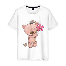 Мужская футболка хлопок с принтом Милый мишка с цветочком в Санкт-Петербурге, 100% хлопок | прямой крой, круглый вырез горловины, длина до линии бедер, слегка спущенное плечо. | арт | воробушек | воробьи | животные | картинка | медведь | медвежонок | мишка | плюшевый мишка | подарок | птичка | рисунок | цветок | цветочки
