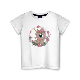 Детская футболка хлопок с принтом Милый единорог в Санкт-Петербурге, 100% хлопок | круглый вырез горловины, полуприлегающий силуэт, длина до линии бедер | венок | единорог | единорог девочка | единорожка | животные | милая | пони | рисунок | цветочки | цветы