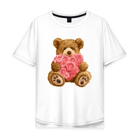 Мужская футболка хлопок Oversize с принтом Плюшевый медведь с сердечком в Санкт-Петербурге, 100% хлопок | свободный крой, круглый ворот, “спинка” длиннее передней части | Тематика изображения на принте: арт | животные | картинка | медвежонок | мишка | плюшевый медведь | рисунок | розовые цветы | розочки | розы | сердечко | сердце | сердце из роз | цветы