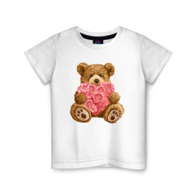 Детская футболка хлопок с принтом Плюшевый медведь с сердечком в Санкт-Петербурге, 100% хлопок | круглый вырез горловины, полуприлегающий силуэт, длина до линии бедер | Тематика изображения на принте: арт | животные | картинка | медвежонок | мишка | плюшевый медведь | рисунок | розовые цветы | розочки | розы | сердечко | сердце | сердце из роз | цветы