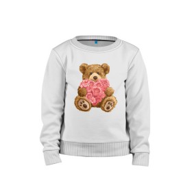 Детский свитшот хлопок с принтом Плюшевый медведь с сердечком в Санкт-Петербурге, 100% хлопок | круглый вырез горловины, эластичные манжеты, пояс и воротник | арт | животные | картинка | медвежонок | мишка | плюшевый медведь | рисунок | розовые цветы | розочки | розы | сердечко | сердце | сердце из роз | цветы