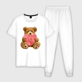 Мужская пижама хлопок с принтом Плюшевый медведь с сердечком в Санкт-Петербурге, 100% хлопок | брюки и футболка прямого кроя, без карманов, на брюках мягкая резинка на поясе и по низу штанин
 | Тематика изображения на принте: арт | животные | картинка | медвежонок | мишка | плюшевый медведь | рисунок | розовые цветы | розочки | розы | сердечко | сердце | сердце из роз | цветы