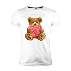 Мужская футболка премиум с принтом Плюшевый медведь с сердечком в Санкт-Петербурге, 92% хлопок, 8% лайкра | приталенный силуэт, круглый вырез ворота, длина до линии бедра, короткий рукав | арт | животные | картинка | медвежонок | мишка | плюшевый медведь | рисунок | розовые цветы | розочки | розы | сердечко | сердце | сердце из роз | цветы