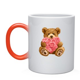 Кружка хамелеон с принтом Плюшевый медведь с сердечком в Санкт-Петербурге, керамика | меняет цвет при нагревании, емкость 330 мл | арт | животные | картинка | медвежонок | мишка | плюшевый медведь | рисунок | розовые цветы | розочки | розы | сердечко | сердце | сердце из роз | цветы