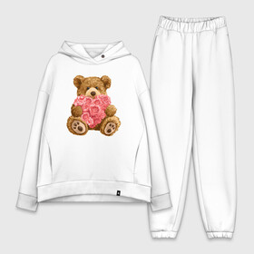 Женский костюм хлопок Oversize с принтом Плюшевый медведь с сердечком в Санкт-Петербурге,  |  | арт | животные | картинка | медвежонок | мишка | плюшевый медведь | рисунок | розовые цветы | розочки | розы | сердечко | сердце | сердце из роз | цветы