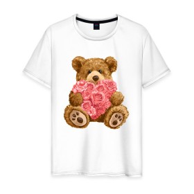 Мужская футболка хлопок с принтом Плюшевый медведь с сердечком в Санкт-Петербурге, 100% хлопок | прямой крой, круглый вырез горловины, длина до линии бедер, слегка спущенное плечо. | Тематика изображения на принте: арт | животные | картинка | медвежонок | мишка | плюшевый медведь | рисунок | розовые цветы | розочки | розы | сердечко | сердце | сердце из роз | цветы
