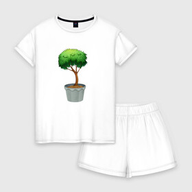 Женская пижама с шортиками хлопок с принтом Дерево в Санкт-Петербурге, 100% хлопок | футболка прямого кроя, шорты свободные с широкой мягкой резинкой | бонсай | дерево | зелень | маленькое | мини | природа | рисунок | стикер