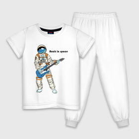 Детская пижама хлопок с принтом Rock in Space(1) в Санкт-Петербурге, 100% хлопок |  брюки и футболка прямого кроя, без карманов, на брюках мягкая резинка на поясе и по низу штанин
 | Тематика изображения на принте: cosmonaut | rock | rock n roll | space | космонавт | космос | рок