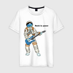 Мужская футболка хлопок с принтом Rock in Space(1) в Санкт-Петербурге, 100% хлопок | прямой крой, круглый вырез горловины, длина до линии бедер, слегка спущенное плечо. | cosmonaut | rock | rock n roll | space | космонавт | космос | рок