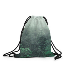 Рюкзак-мешок 3D с принтом Туманный лес в Санкт-Петербурге, 100% полиэстер | плотность ткани — 200 г/м2, размер — 35 х 45 см; лямки — толстые шнурки, застежка на шнуровке, без карманов и подкладки | дерево | деревья | зеленый | лес | облака | облако | снег | темный