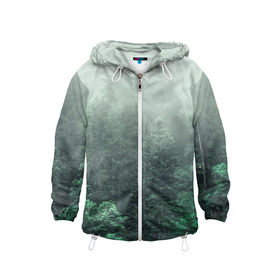 Детская ветровка 3D с принтом Туманный лес в Санкт-Петербурге, 100% полиэстер | подол и капюшон оформлены резинкой с фиксаторами, по бокам два кармана без застежек, один потайной карман на груди | дерево | деревья | зеленый | лес | облака | облако | снег | темный