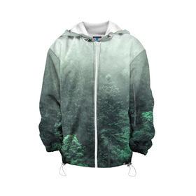 Детская куртка 3D с принтом Туманный лес в Санкт-Петербурге, 100% полиэстер | застежка — молния, подол и капюшон оформлены резинкой с фиксаторами, по бокам — два кармана без застежек, один потайной карман на груди, плотность верхнего слоя — 90 г/м2; плотность флисового подклада — 260 г/м2 | дерево | деревья | зеленый | лес | облака | облако | снег | темный