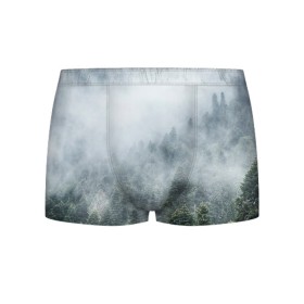 Мужские трусы 3D с принтом Туманный лес в Санкт-Петербурге, 50% хлопок, 50% полиэстер | классическая посадка, на поясе мягкая тканевая резинка | Тематика изображения на принте: белый | зеленый | лес | облака | облако | природа | темный | туман