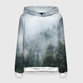 Женская толстовка 3D с принтом Туманный лес в Санкт-Петербурге, 100% полиэстер  | двухслойный капюшон со шнурком для регулировки, мягкие манжеты на рукавах и по низу толстовки, спереди карман-кенгуру с мягким внутренним слоем. | белый | зеленый | лес | облака | облако | природа | темный | туман