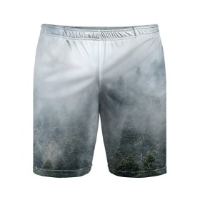 Мужские шорты спортивные с принтом Туманный лес в Санкт-Петербурге,  |  | белый | зеленый | лес | облака | облако | природа | темный | туман