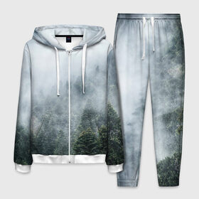 Мужской костюм 3D с принтом Туманный лес в Санкт-Петербурге, 100% полиэстер | Манжеты и пояс оформлены тканевой резинкой, двухслойный капюшон со шнурком для регулировки, карманы спереди | белый | зеленый | лес | облака | облако | природа | темный | туман