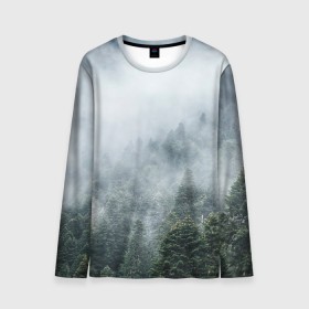 Мужской лонгслив 3D с принтом Туманный лес в Санкт-Петербурге, 100% полиэстер | длинные рукава, круглый вырез горловины, полуприлегающий силуэт | белый | зеленый | лес | облака | облако | природа | темный | туман