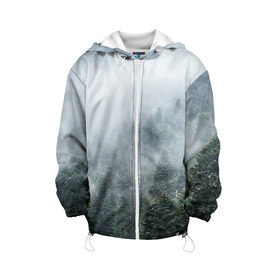 Детская куртка 3D с принтом Туманный лес в Санкт-Петербурге, 100% полиэстер | застежка — молния, подол и капюшон оформлены резинкой с фиксаторами, по бокам — два кармана без застежек, один потайной карман на груди, плотность верхнего слоя — 90 г/м2; плотность флисового подклада — 260 г/м2 | белый | зеленый | лес | облака | облако | природа | темный | туман
